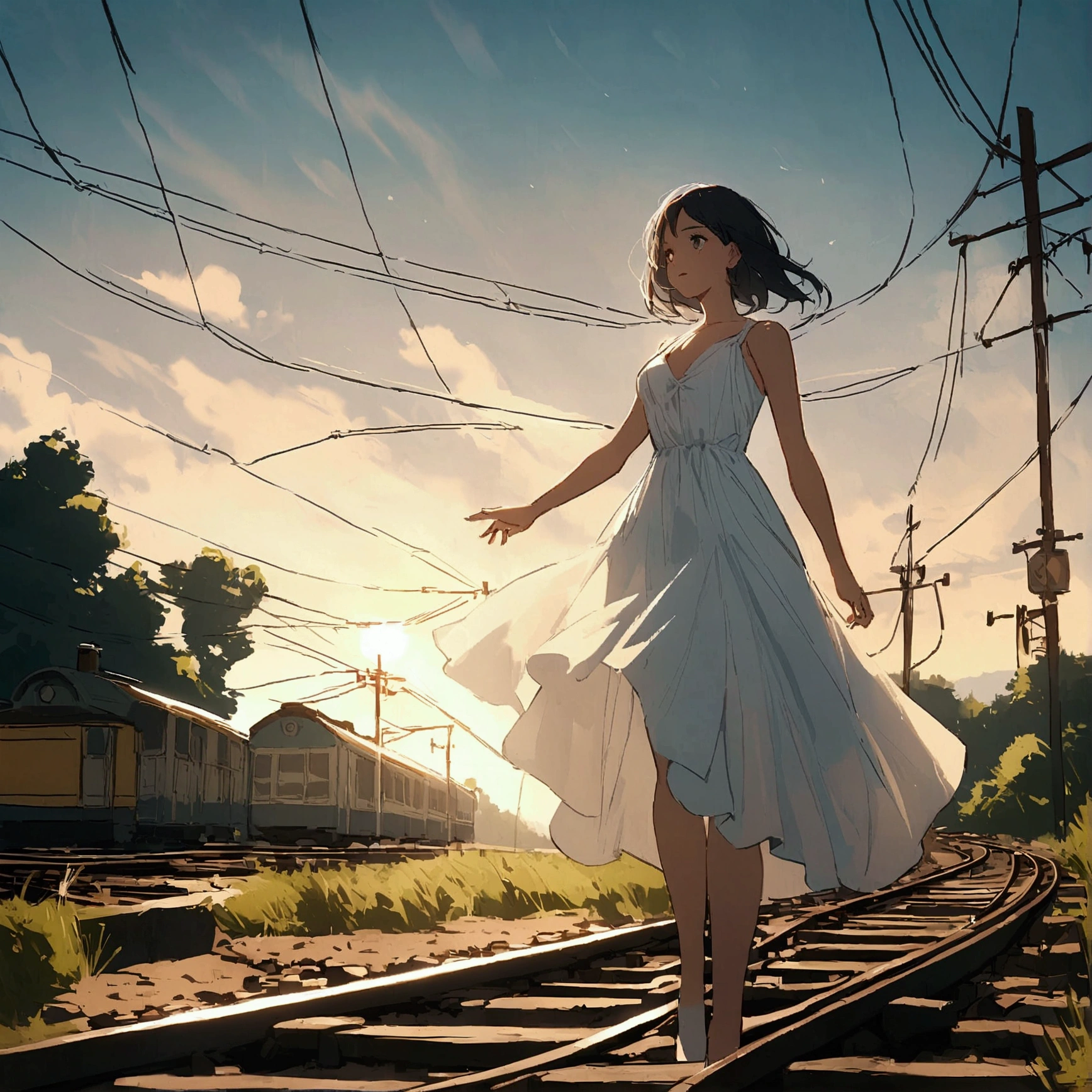 Station Summer Woman in a white dress Nostalgic Railroad tracks Electric wire