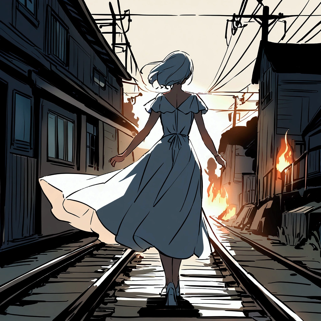 Station Summer Woman in a white dress Nostalgic Railroad tracks Electric wire 