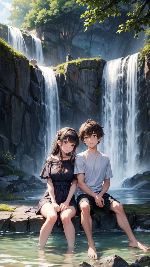 A couple is sitting under a waterfall. The couple is wearing short clothes. It is evening and they are also some animals.