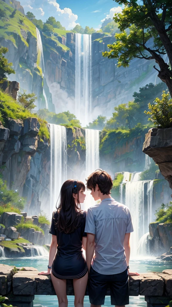 A couple is sitting under a waterfall. The couple is wearing short clothes. It is evening and they are also some animals.