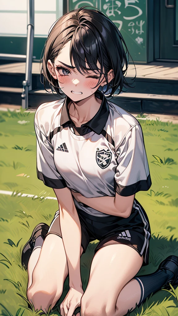 ((masterpiece)), ((Highest quality)), (Very detailed),, Lovely ,{{{Amateur female soccer player}}},loose soccer uniform ,{{one eye closed:1.4}},clavicle,{{Grit your teeth}},{Bad mood},blush,Wrinkles ,amount,Grit your teeth,suffering,v-shaped eyebrows ,{{pain}},Black short bob, ,Small breasts ,Mature Woman slender body shape,all fours,On all fours,Sweaty,lipstick、(derogatory), (Exposing the bra), avert your eyes, Red loose short-sleeved shirt, Black shorts, Knee-high socks、(Loose-fitting clothing),, ((Lean forward,)), 露出Lovely, extend,White bra fatigue {{blush}} Grass athletic ground