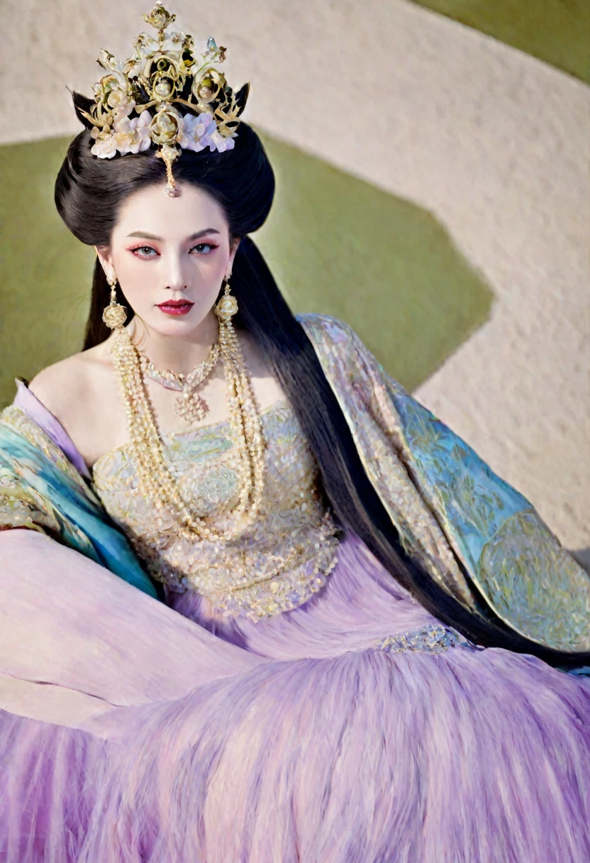 The Empress's large breasts, hairy lower abdomen and pubic hair are also visible in the nude.、 Her hair is tied up and pulled up with a gorgeous flower ornament on both sides.、The background of the crowning of the Qing Dynasty Empress is the stone paving of a Chinese palace during the Qing Dynasty.