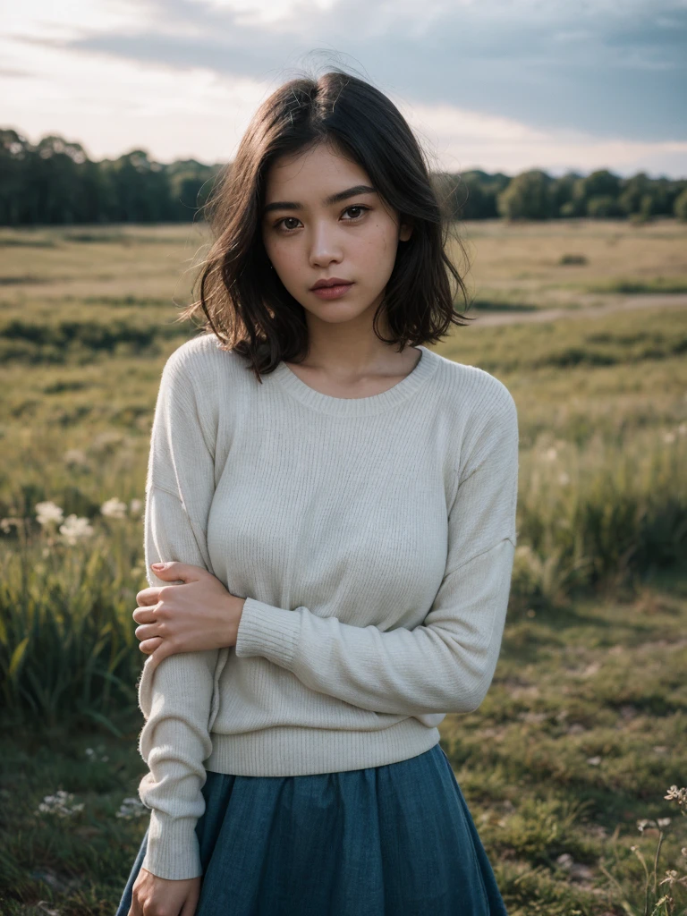(Beauty shot:1.4), (Best quality:1.5), blue sky, snowing, 23y, 1girl, indonesian, (tight breast), long sleeve sweater shirt and skirt, (cute face:1.4), wavy short hair blowing in the wind, dramatic selfie posing in meadow with wild plants, kodacrhome, cinematic lighting, beautiful shadow, sunlight, aesthetic, ultra highres, sharp focus, highly detailed, detailed face and eyes, perfect object, film bokeh, surreal view, shot by eos c with 35mm lens, movie angle, Portrait by annie leibovitz, midjourney v6