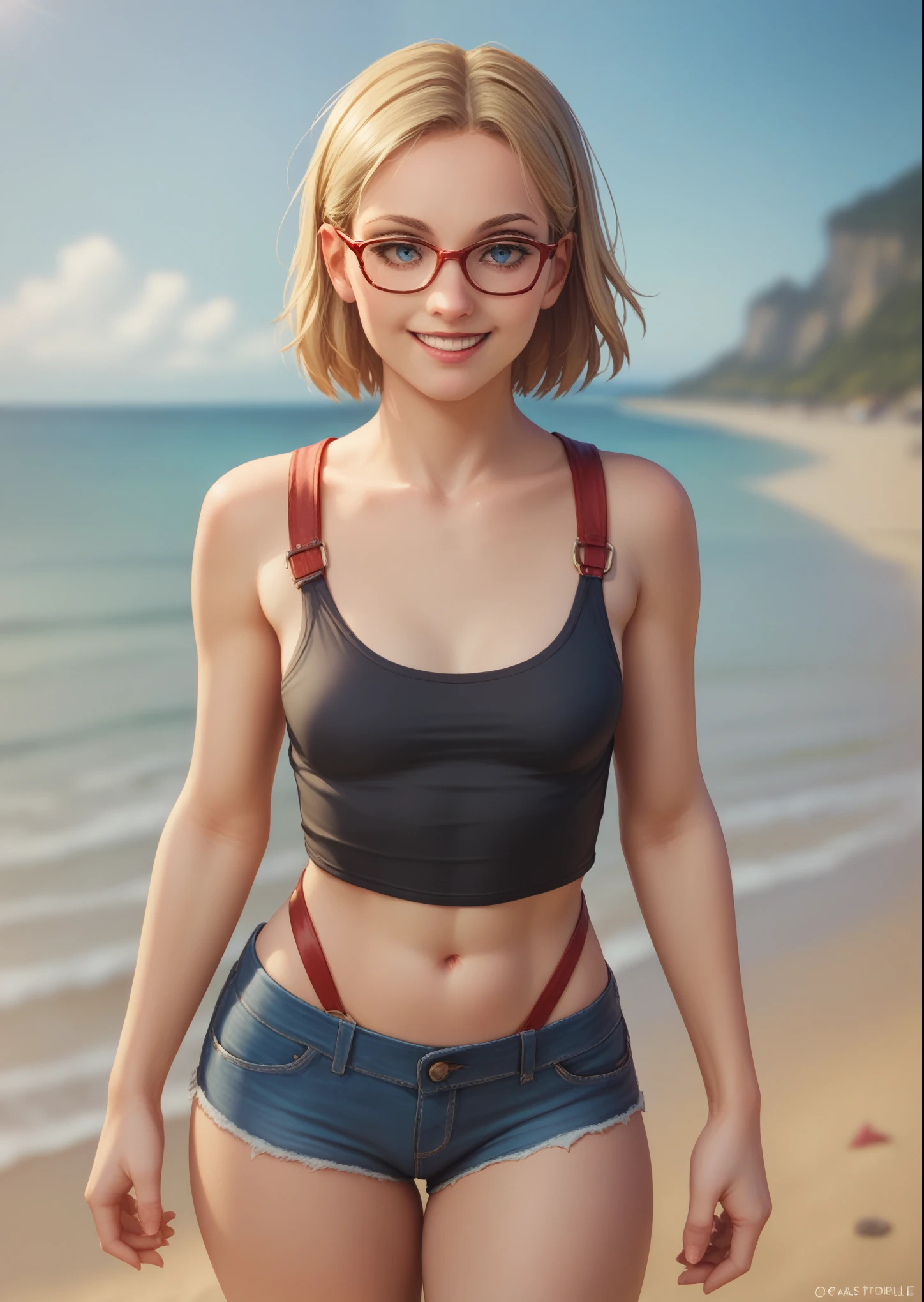 1girl, cassie_drake, short hair, blonde hair, blue eyes, glasses, small breasts, black tank top, red straps, bra straps, denim shorts, short shorts, wide hips, smile, solo focus, cowboy shot, dynamic pose, beach, shore, lighting, shadows, blurry background, source_realistic, (score_9, core_8_up, score_7_up, score_6_up)