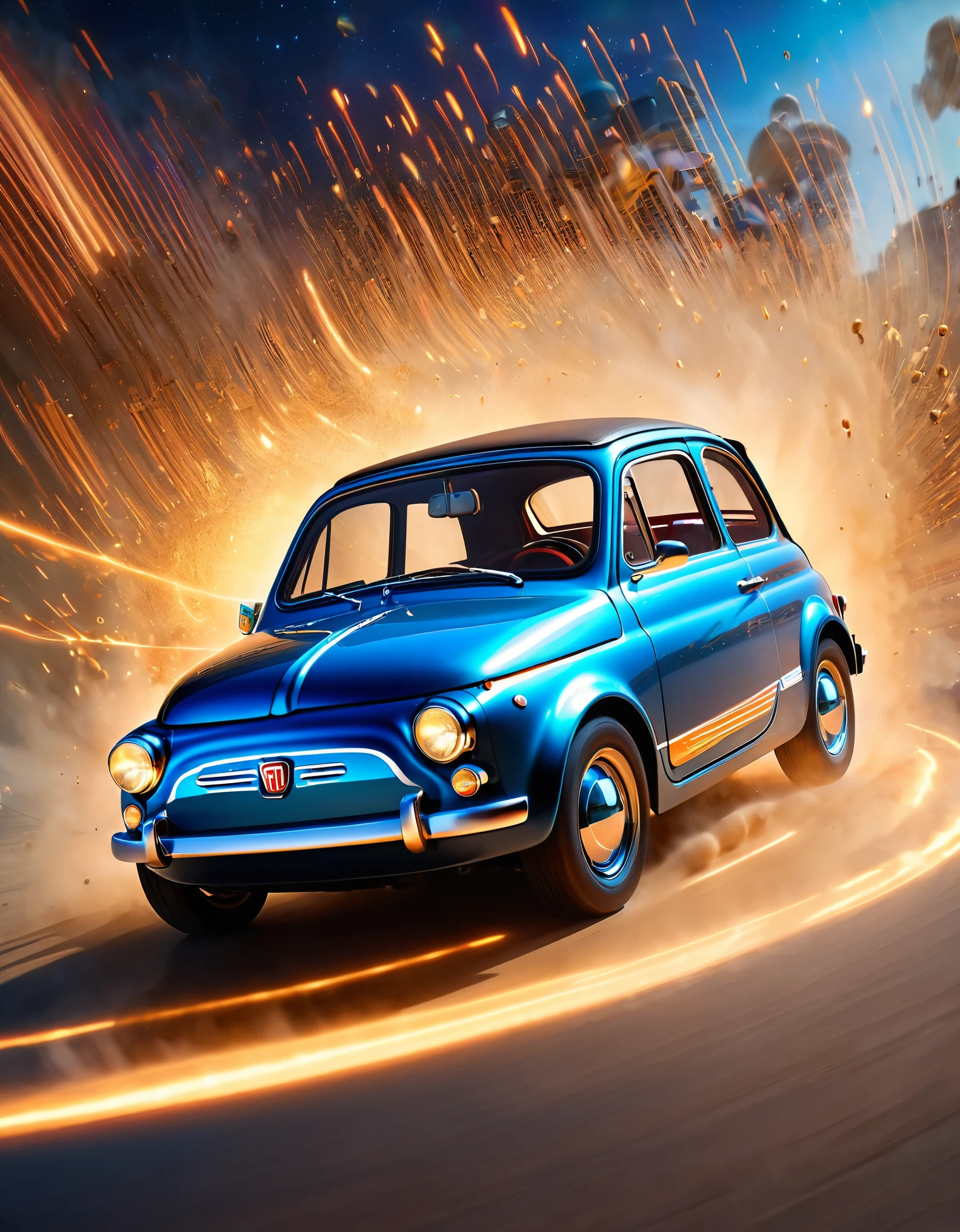 masterpiece,Highest quality,(Ultra Detailed CG Unity 8k Wallpaper),(Highest quality),(Best illustrations),(Best Shadow),Physical Rendering,Realistic lighting,Beautiful sparkle,A time machine made from a Fiat 500,(Detailed depiction of a car-type time machine:1.6),(Cut through space-time at breakneck speed and transcend time:1.6),(Depicting a sense of speed:1.6),(The background depicts the effect of crossing time and space.:1.6),(dynamic),(Shooting from behind the vehicle:1.6)