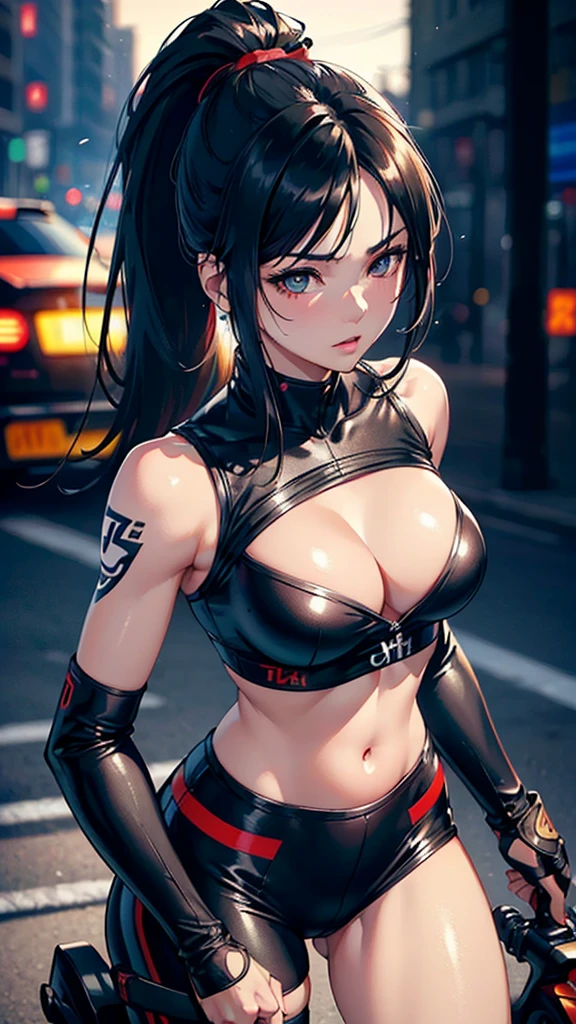 1girl, jet black hair, glossy hair, ponytail, tsurime eyes, beautiful woman looking back, oriental dragon tattoo on shoulder, riding on honda nsr250r motorcycle, anatomically correct, realistic skin texture, not glamour, multiple angles, japanese illustration style, (best quality, 4k, 8k, highres, masterpiece:1.2), ultra-detailed, (realistic, photorealistic, photo-realistic:1.37), HDR, UHD, studio lighting, ultra-fine painting, sharp focus, physically-based rendering, extreme detail description, professional, vivid colors, bokeh