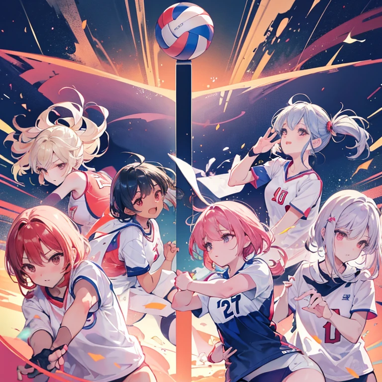 Create an ultra-high resolution (16K) digital illustration in the style of a soft, dreamy watercolor painting. The scene depicts the Japanese women's national volleyball team in action, showcasing their skill, teamwork, and determination. The illustration should exude energy, grace, and national pride while maintaining a cute and whimsical atmosphere through watercolor techniques.
Character Design:
6 adorable female volleyball players in various dynamic poses
Diverse body types and heights, all with cute, chibi-like proportions
Expressive faces showing determination, joy, and team spirit
Hair in various styles (ponytails, braids, short cuts) with cute accessories
Wearing the Japanese national team uniform in red and white
Action and Poses:
Players in different volleyball actions: spiking, setting, receiving, blocking
One player leaping high for a spike, arms raised gracefully
Another player diving to save a ball, body stretched horizontally
Team members supporting each other, hands outstretched
Environment:
A stylized volleyball court with soft, pastel-colored lines
Net with a slight magical shimmer
Soft, dream-like background suggesting a large stadium
Faint outlines of a cheering crowd with Japanese flags
Watercolor Techniques:
Soft, blended edges creating a dreamy atmosphere
Delicate color washes for the uniforms and court
Wet-on-wet technique for the background and skin tones
Splatter technique for dynamic energy and motion effects
Layered washes to build up depth and luminosity
Color Palette:
Vibrant red and crisp white for the Japanese uniforms
Soft pastels for the court and background (light blues, pinks, yellows)
Warm, peachy skin tones
Cool blues and purples for shadows and depth
Lighting and Atmosphere:
Soft, glowing light surrounding the players
Gentle shadows adding depth and dimension
Sparkles and light particles around the volleyball and players
Details and Accents:
Tiny Japanese flag patches on the uniforms
Subtle patterns or designs on the volleyball