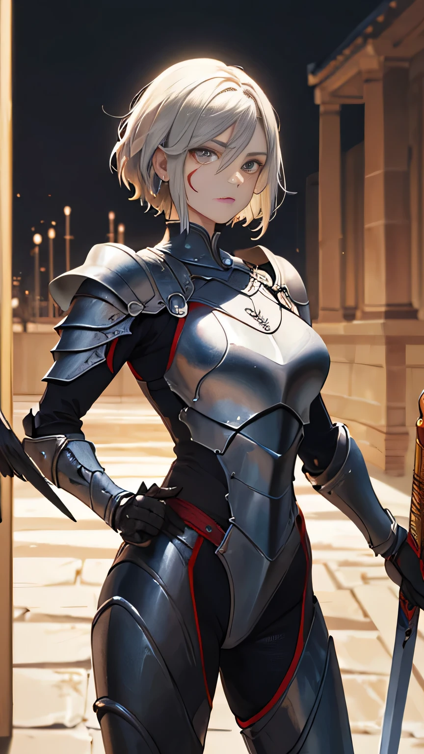 （1woman，Middle-aged female warrior with blond hair，masterpiece，8k，bust，Best quality），Female warrior in gorgeous armor，((Blonde short hair，middle age，There is a scar on his face，Silver armor，Armor with eagle pattern，Holding a straight sword in hand)，Standing in the Temple，Perfect face，Perfect eyes，perfect pupils，Oil painting style，Thick coating，Thick lines,16K, Ultra HD, Retina, masterpiece, precise, Anatomically correct, best quality, high quality, Textured Skin