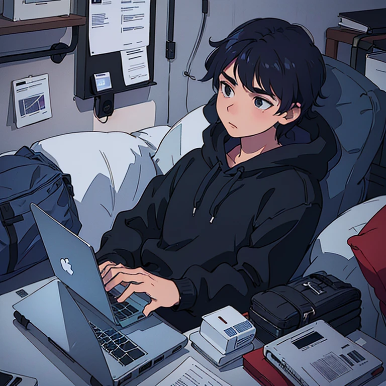 there is a young man in a hoodie looking at his laptop, in a hoodie