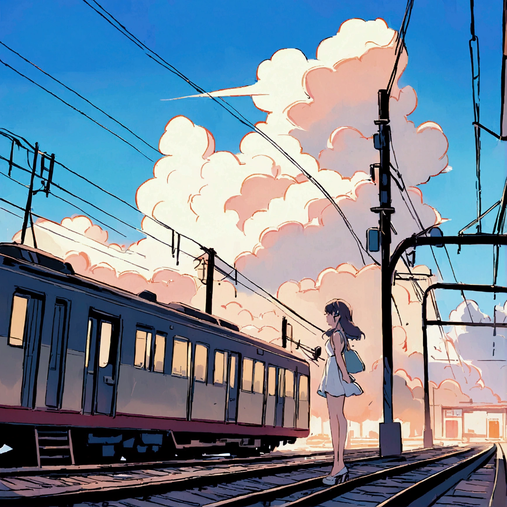 Station, summer, woman in a white dress standing on the platform, nostalgic, railroad tracks, electric wires, blue sky, cumulonimbus clouds