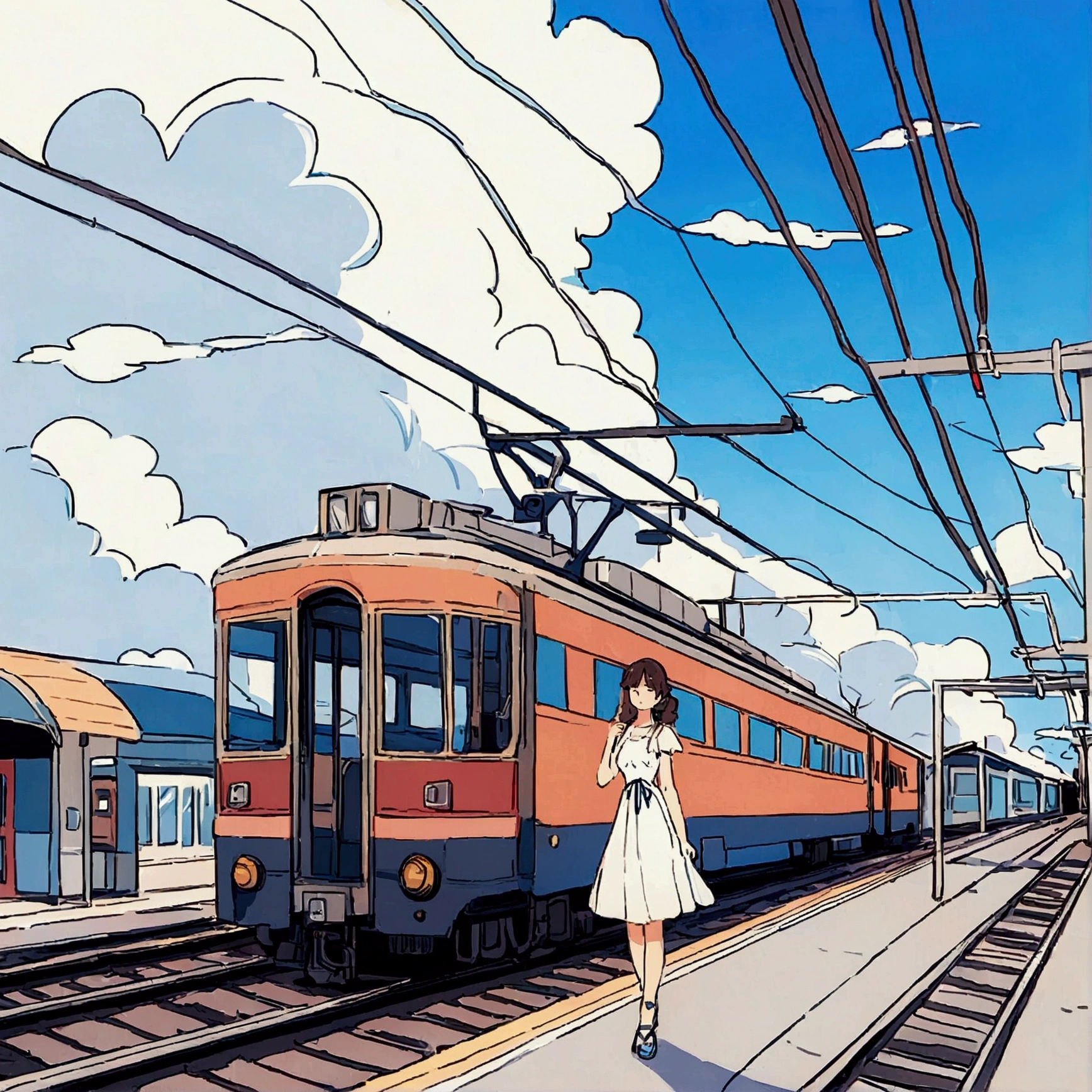 Station, summer, woman in a white dress standing on the platform, nostalgic, railroad tracks, electric wires, blue sky, cumulonimbus clouds