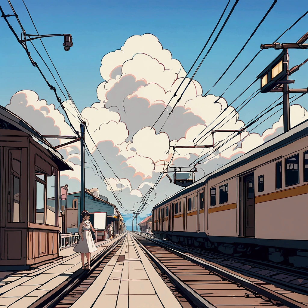 Station, summer, woman in a white dress standing on the platform, nostalgic, railroad tracks, electric wires, blue sky, cumulonimbus clouds