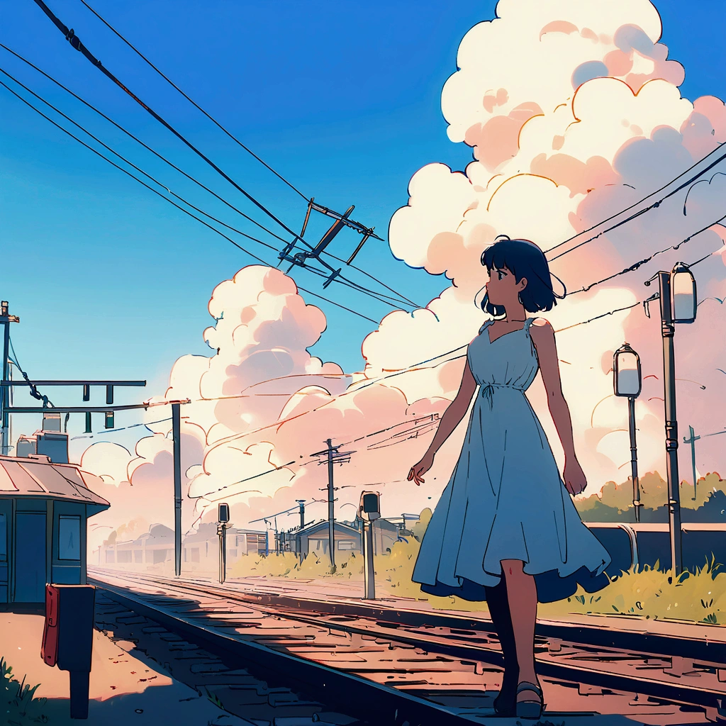 Station, summer, woman in a white dress standing on the platform, nostalgic, railroad tracks, electric wires, blue sky, cumulonimbus clouds