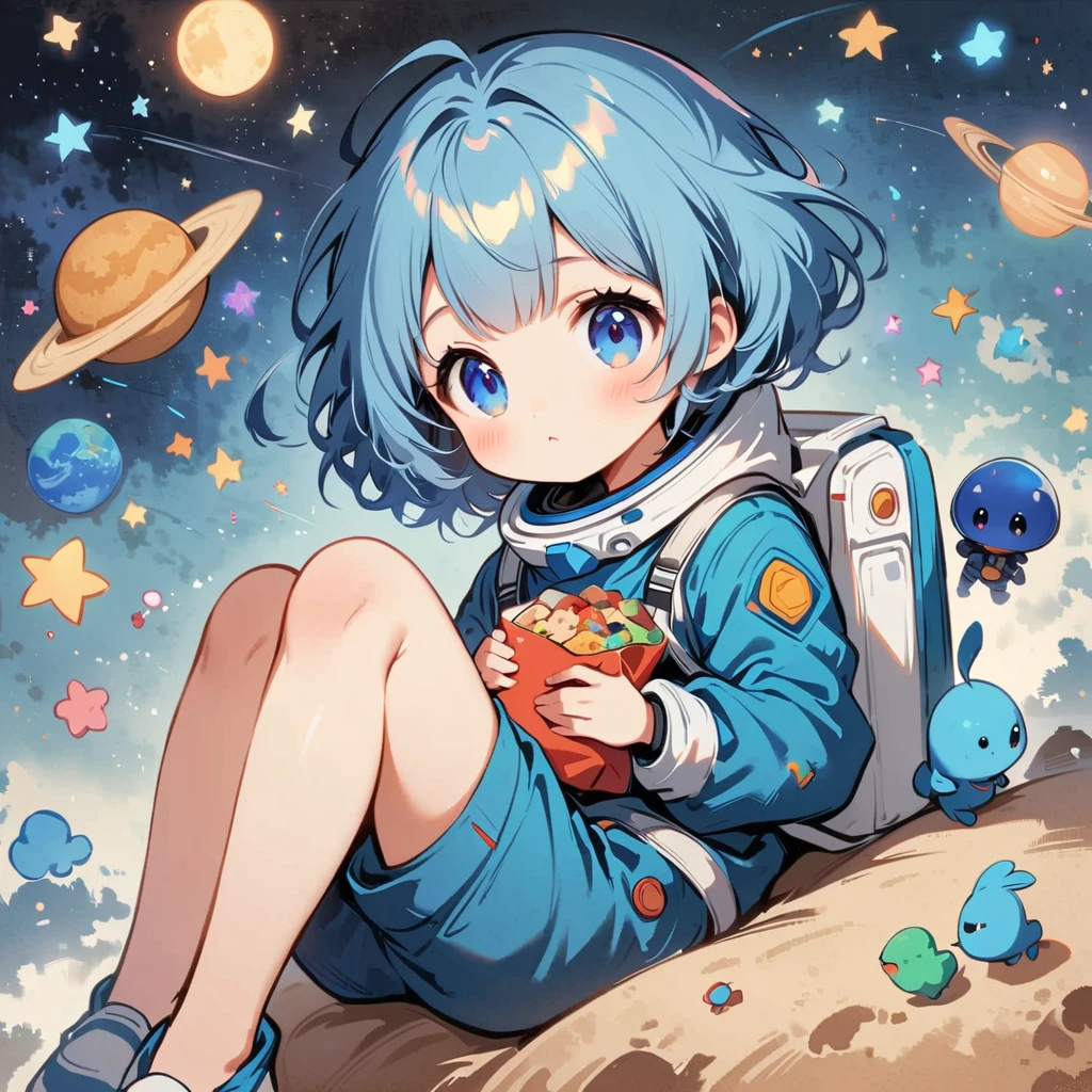 Young girl sitting in a spacesuit floating in space,Blue Hair, blue eyes, Surrounded by the Milky Way, universe , Cutely. Eat snacks, meet aliens