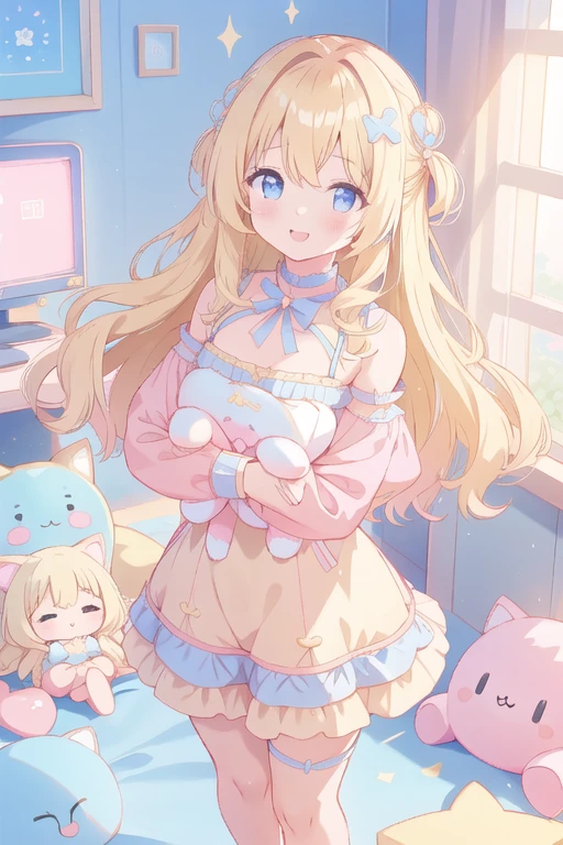 A girl with wavy blonde hair、Kawaii Tech、pastel colour、A room filled with stuffed toys、Smiling Girl、Glowing Skin、Beautiful face and eyes in every detail、Modest chest、lingerie、slip、Standing with a cute gesture