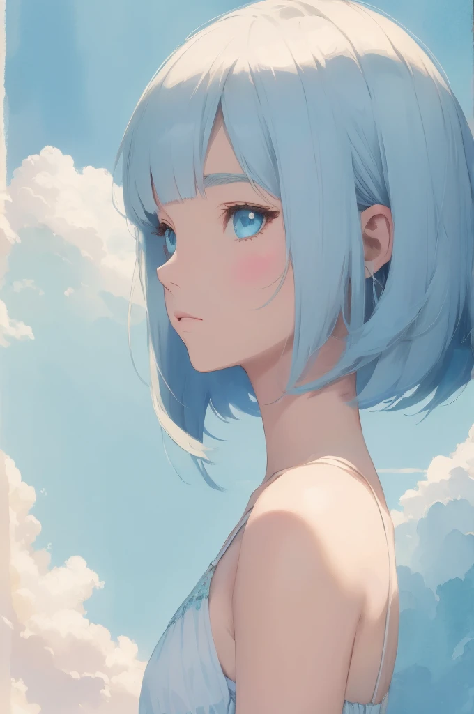 Absurd, High resolution, Very detailed, Beautiful girl, Bob cut blended into the clouds, (Hold Empty), de luz, Pale blue and pale white style, Pale colors, Bright colors, Fantasy watercolor style, Soft Blending, A dreamy, romantic wash, Refreshing texture