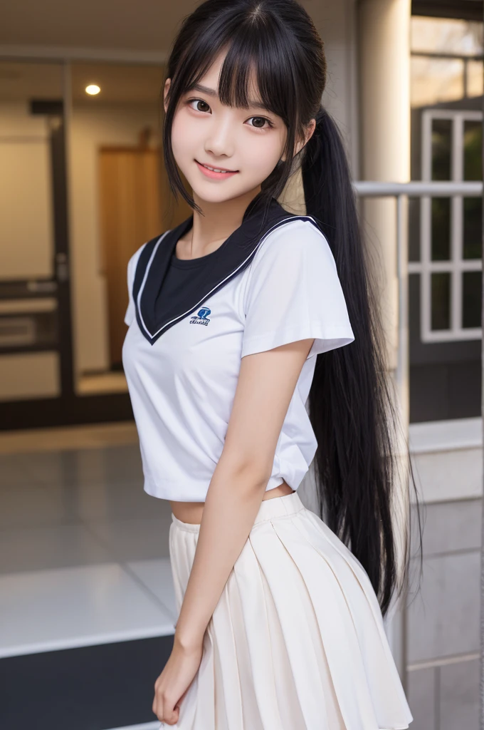 ,high school student,uniform,Black Hair,bangs,ponytail,Straight hair,Dark Eyes,Small face,Young Face,Clean your eyes,Small Mouth,thin,Young Face,Small breasts,Small breasts,Small breasts,Small breasts,Realistic photos,8k,Mouth slightly open,Ultra HD,whole body,Pure girl,whole body,,White short sleeve blouse,Check Pleated Skirt,smile,gym,