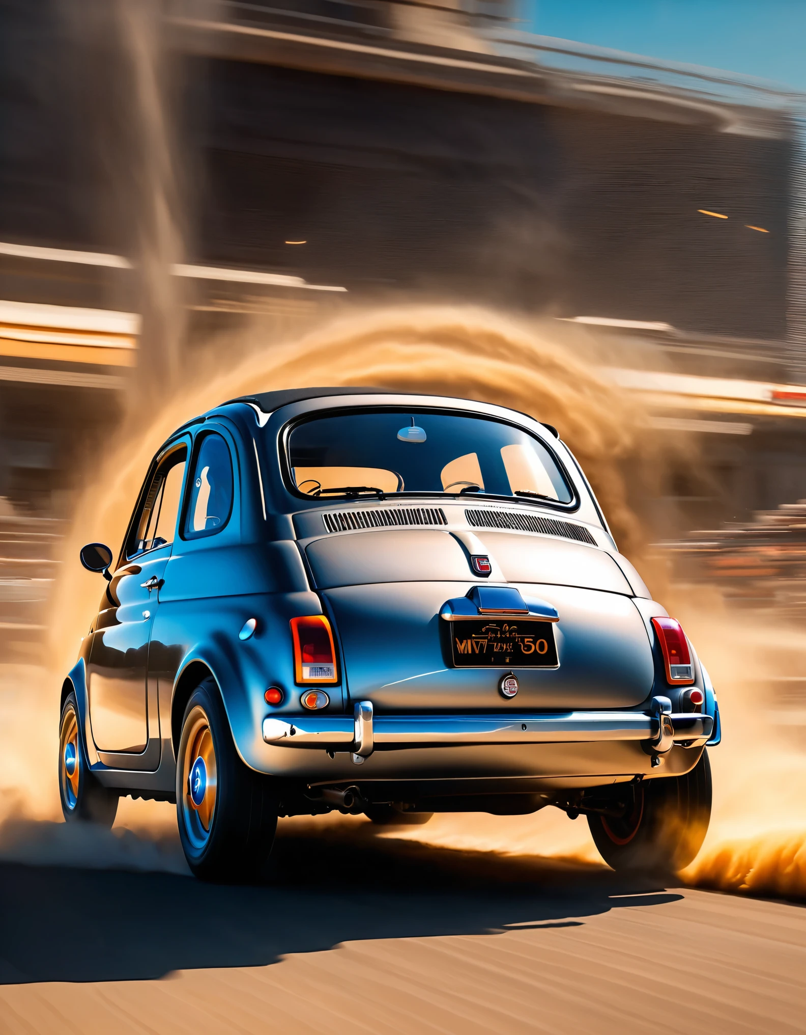 masterpiece,Highest quality,(Ultra Detailed CG Unity 8k Wallpaper),(Highest quality),(Best illustrations),(Best Shadow),Physical Rendering,Realistic lighting,Beautiful sparkle,Ultra-fine painting,Narrow your focus,(A time machine modified from a matte metallic silver Fiat 500:1.6),(Detailed depiction of a car-type time machine:1.3),(((Photographing the rear of the vehicle:1.6)),(Cut through space-time at breakneck speed and transcend time:1.6),(Depicting a sense of speed:1.6),(The background depicts the effect of crossing time and space.:1.6),(dynamic),(Retro-future),(sf),(composed of elements of thunder,thunder,electricity)