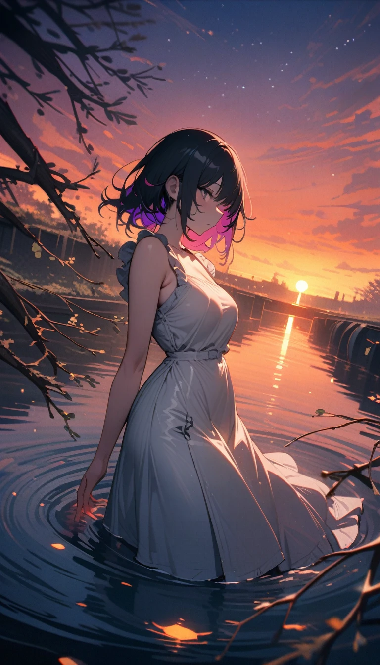((best quality)) , ((masterpiece)) , (detailed),Color splash, Ghostly Astronaut (Li Gong:1.3) , wearing Shabby Chic Wrap dress, has metallic plating, Colored hair, Fossil fuel power station in background,(water bloom), (delicate glow), (breeze), long Flowers meadow,(((sunset)), (less stars form a circle), randomly distributed clouds, (rivers), (willows with branches falling into the water)