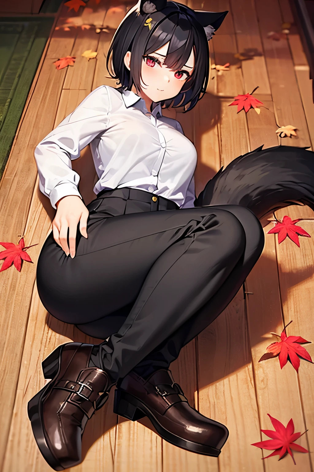 Teenage girl with black hair, short hair, white dress shirt with many maple leaves on it, black slacks with red maple leaves underneath, wooden clogs, thick black wolf tail red eyes