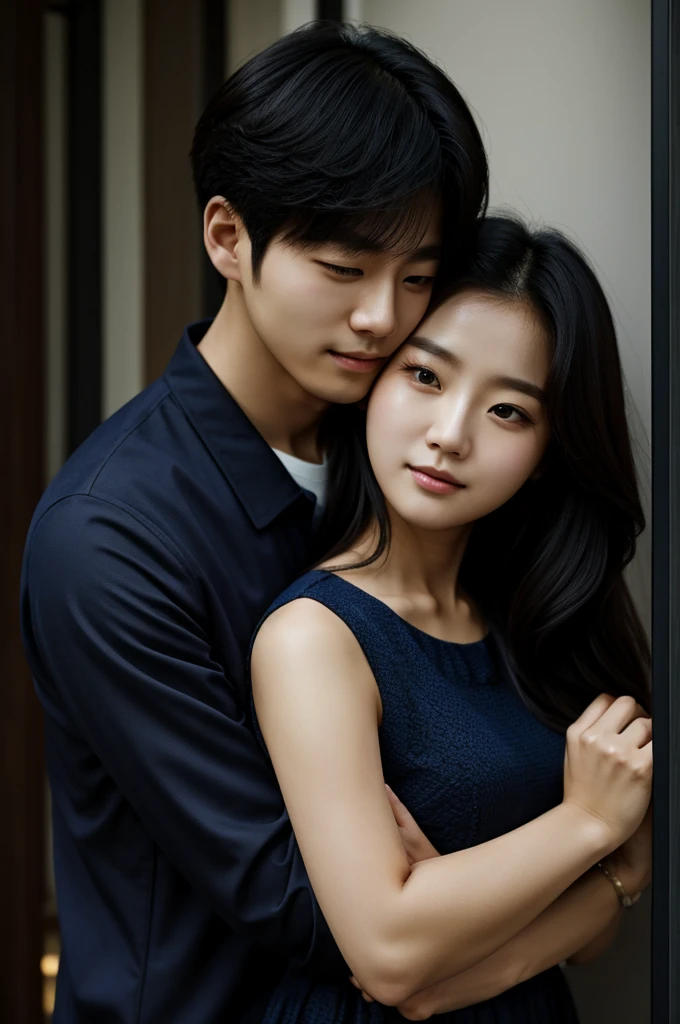 A cute Korean like looking couple hugging in dark colors for a novel cover