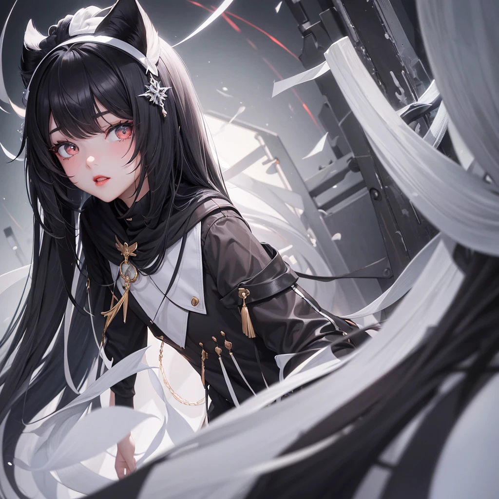 girl about 20. black long hair. the right eye is gray, the left is bright blue. small nose, plump red lips. На ней надет топ и шорты. У нее