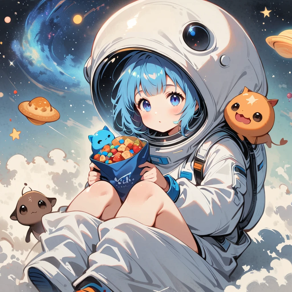 Young girl sitting in a spacesuit floating in space,Blue Hair, blue eyes, Surrounded by the Milky Way, universe , Cutely. Eat snacks, meet aliens