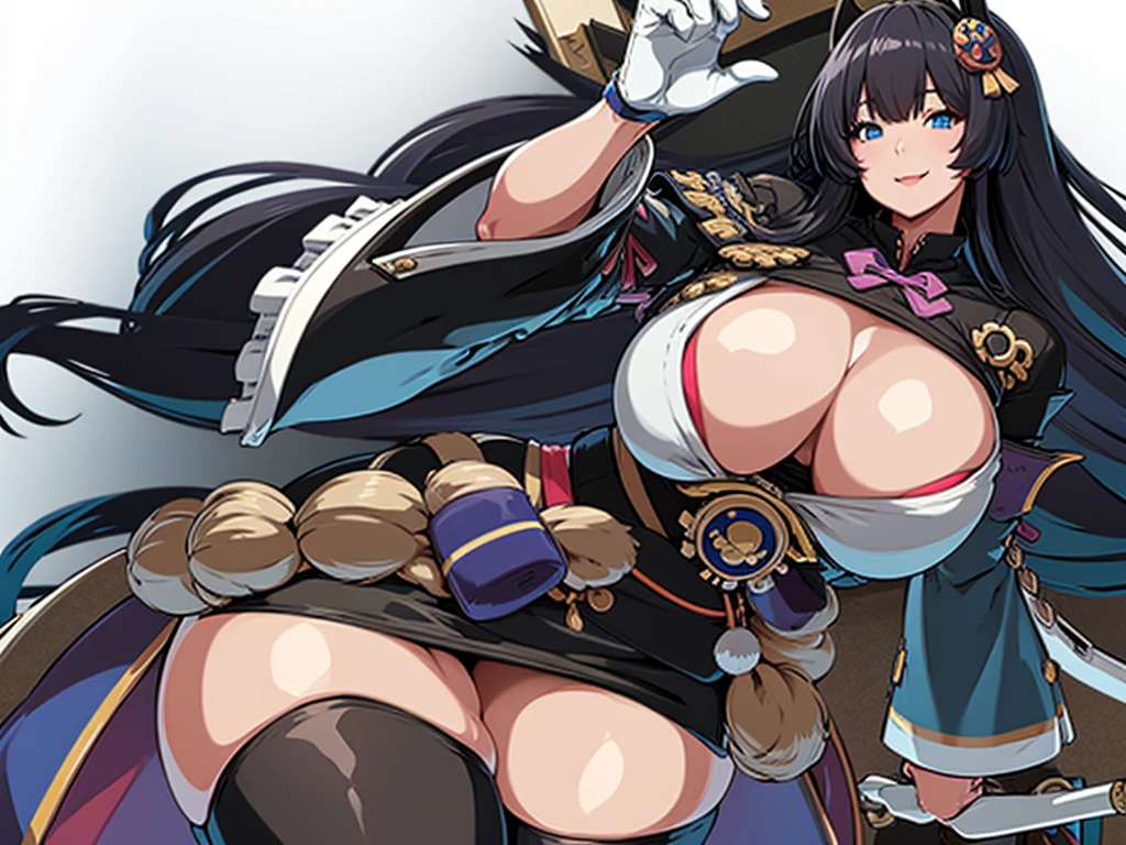 High detailed, 1 girl, solo, musashi, black long hair, blue eyes, busty, plumpy round breasts, firm chunky body white shirt, , deep cleavage, , Juliet sleeves, pencil skirt, black thighhighs, white gloves, tall, smiling