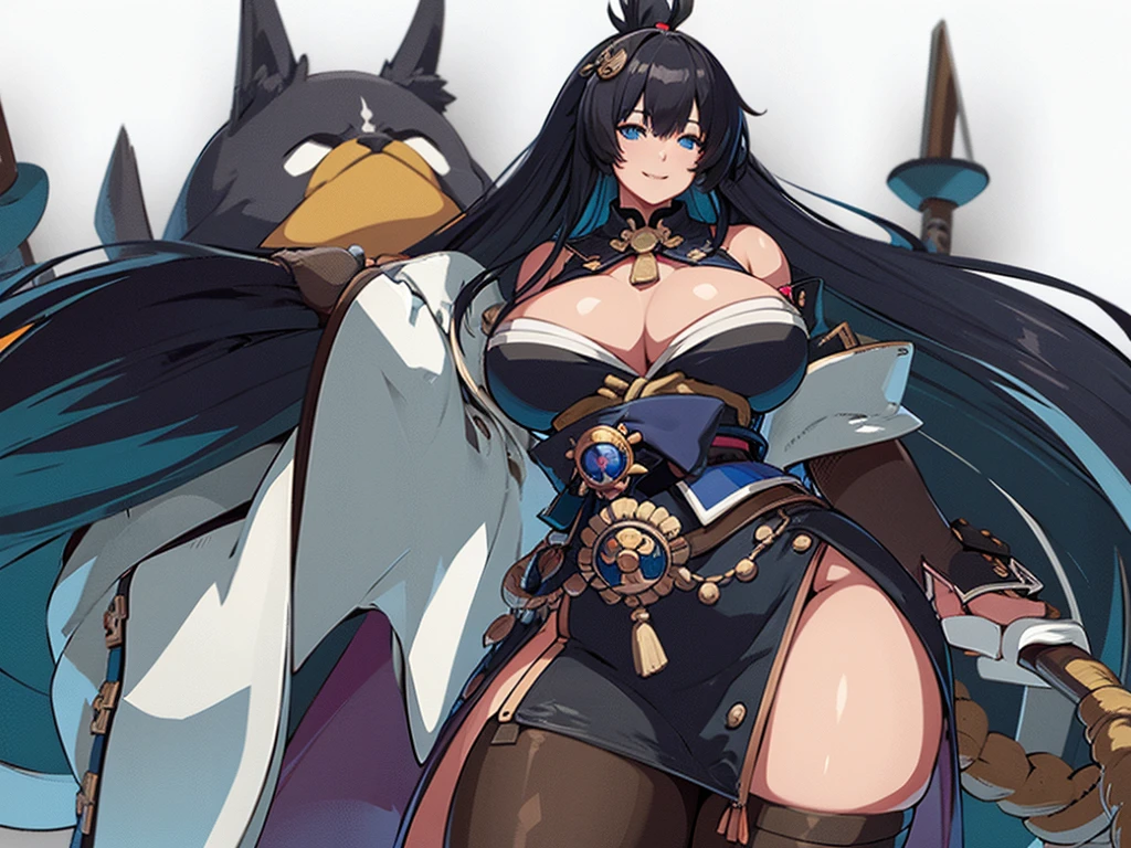 High detailed, 1 girl, solo, musashi, black long hair, blue eyes, busty, plumpy round breasts, firm chunky body white shirt, , deep cleavage, , Juliet sleeves, pencil skirt, black thighhighs, white gloves, tall, smiling