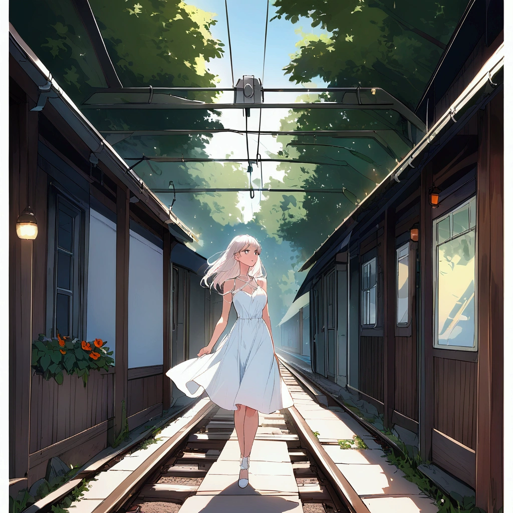 Station Summer Woman in a white dress Nostalgic Railroad tracks Electric wire