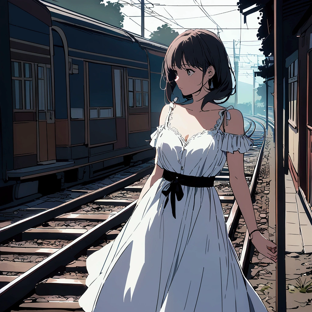 Station Summer Woman in a white dress Nostalgic Railroad tracks Electric wire 