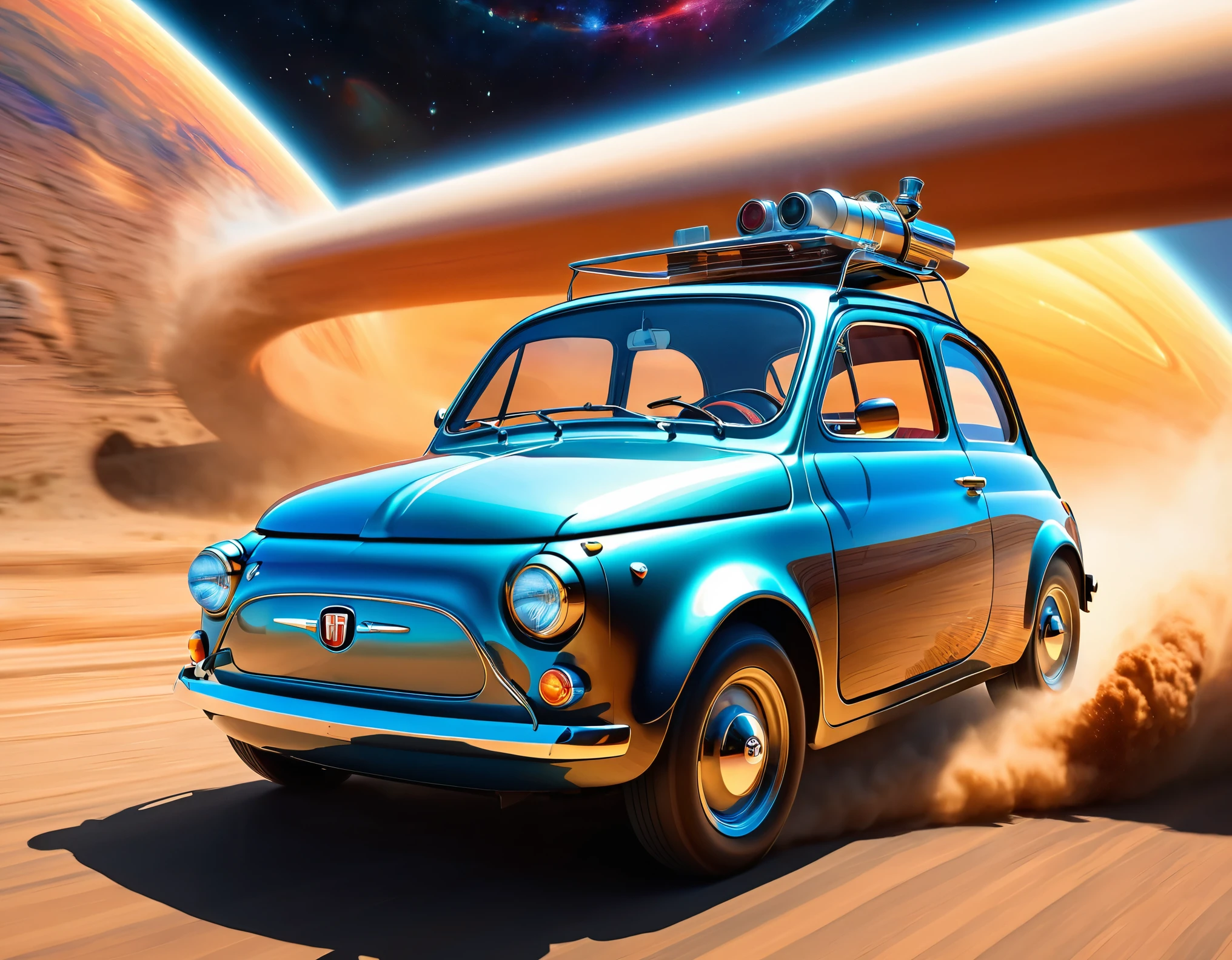 masterpiece,Highest quality,(Ultra Detailed CG Unity 8k Wallpaper),(Highest quality),(Best illustrations),(Best Shadow),Physical Rendering,Realistic lighting,Beautiful sparkle,A time machine made from a Fiat 500,(Detailed depiction of a car-type time machine:1.6),(Cut through space-time at breakneck speed and transcend time:1.6),(Depicting a sense of speed:1.6),(The background depicts the effect of crossing time and space.:1.6),(dynamic),(((Photographing the rear of the vehicle:1.6)))