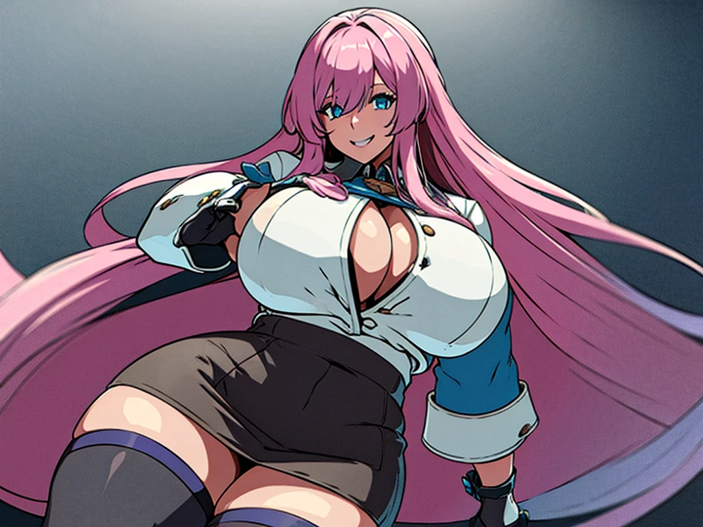 High detailed, 1 girl, solo, Violet long hair, blue eyes, busty, firm chunky body white shirt, , deep cleavage, Juliet sleeves, pencil skirt, black thighhighs, white gloves, tall, smiling