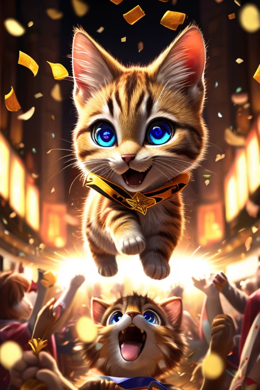(Highest quality、masterpiece、8k))、Anatomically correct、Very detailed、High resolution、Realistic、((Beautiful, sparkling, detailed eyes))、Intricate details、Cinematic lighting、((Dynamic composition))、kitten、Big head、Confetti、kittenが拳を天に向かって突き上げる、Guts pose、Expression of joy、gold medal、Everyone celebrates