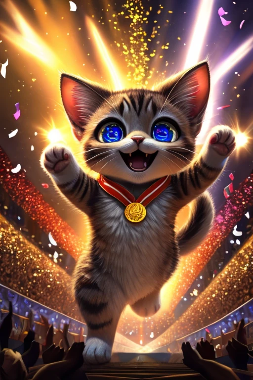(Highest quality、masterpiece、8k))、Anatomically correct、Very detailed、High resolution、Realistic、((Beautiful, sparkling, detailed eyes))、Intricate details、Cinematic lighting、((Dynamic composition))、kitten、Big head、Confetti、kittenが拳を天に向かって突き上げる、Guts pose、Expression of joy、gold medal、Everyone celebrates