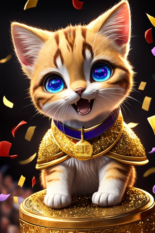 (Highest quality、masterpiece、8k))、Anatomically correct、Very detailed、High resolution、Realistic、((Beautiful, sparkling, detailed eyes))、Intricate details、Cinematic lighting、((Dynamic composition))、kitten、Big head、Confetti、kittenが拳を天に向かって突き上げる、Guts pose、Expression of joy、gold medal、Everyone celebrates
