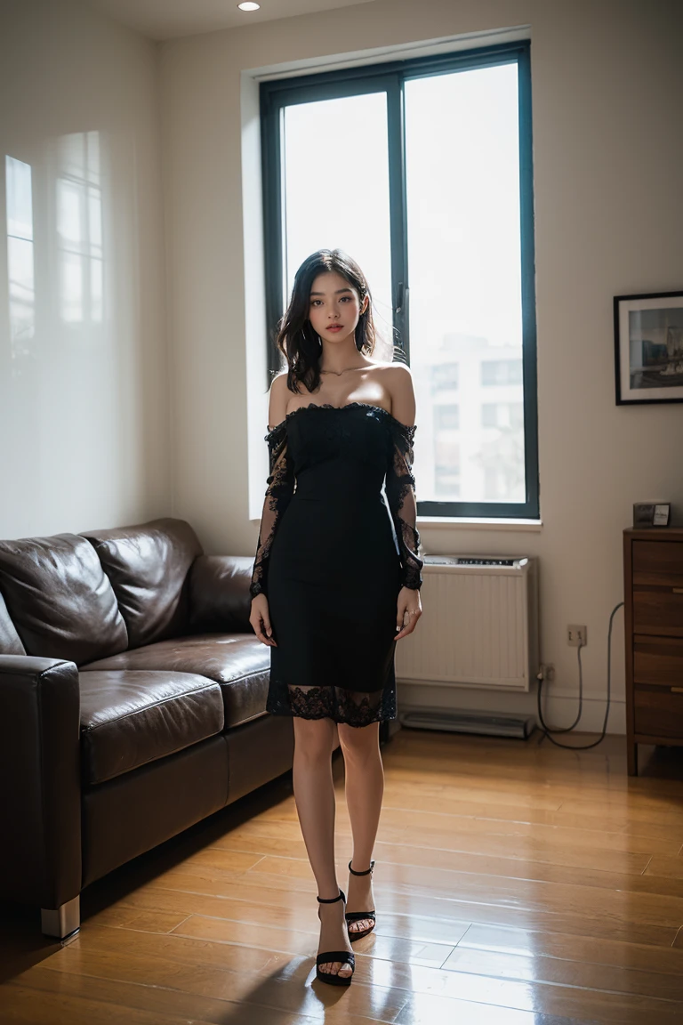 height: 170cm, 30 years old、Pale face and eyes:1.3、Very narrow face and eyes:1.3, (Swollen eyes:1.5)、Dark eyeliner、Thick eyebrows、Thick eyebrows、{Highest quality}, {{masterpiece}}, {Very delicate and beautiful}, Great light and shadow, Highly detailed wallpaper, clear 、1 girl, , blush, Short Bob Hair, (Bare Bust、Supermodel Legs、High heels), Delicate hair, (Realistic skin texture:1.3), Saggy breasts, Cleavage、or noticeable wrinkles on the skin., B cup, Broad shoulders, ((Dynamic Model Pose)), necklace、ring、earrings、BREAK (( a strapless, form-fitting black lace dress that has intricate floral patterns. The dress features a sheer lace overlay that adds a touch of elegance and sensuality. The hem of the dress is designed with a delicate lace trim, and it appears to be knee-length or slightly longer)), smile、(Front Focus), (In the Dark:1.6), Surrealist female portraits by David Hockney and Alphonse Mucha, Fantasy art, Realistic, Dynamic Lighting, Art Station, Poster, Volumetric lighting, Highly detailed face, 4K, Awards, 1 girl, In the Dark, Deep Shadow, Discreet keys, Long Hair, color々angle, color々performance、(modern interior:1.2), minimalist design,concrete walls and ceiling, recessed lighting, spacious room, gray color scheme, living room setting, sofa,framed artwork, hallway visible, glass partition, clean lines industrial aesthetic,soft ambient lighting,