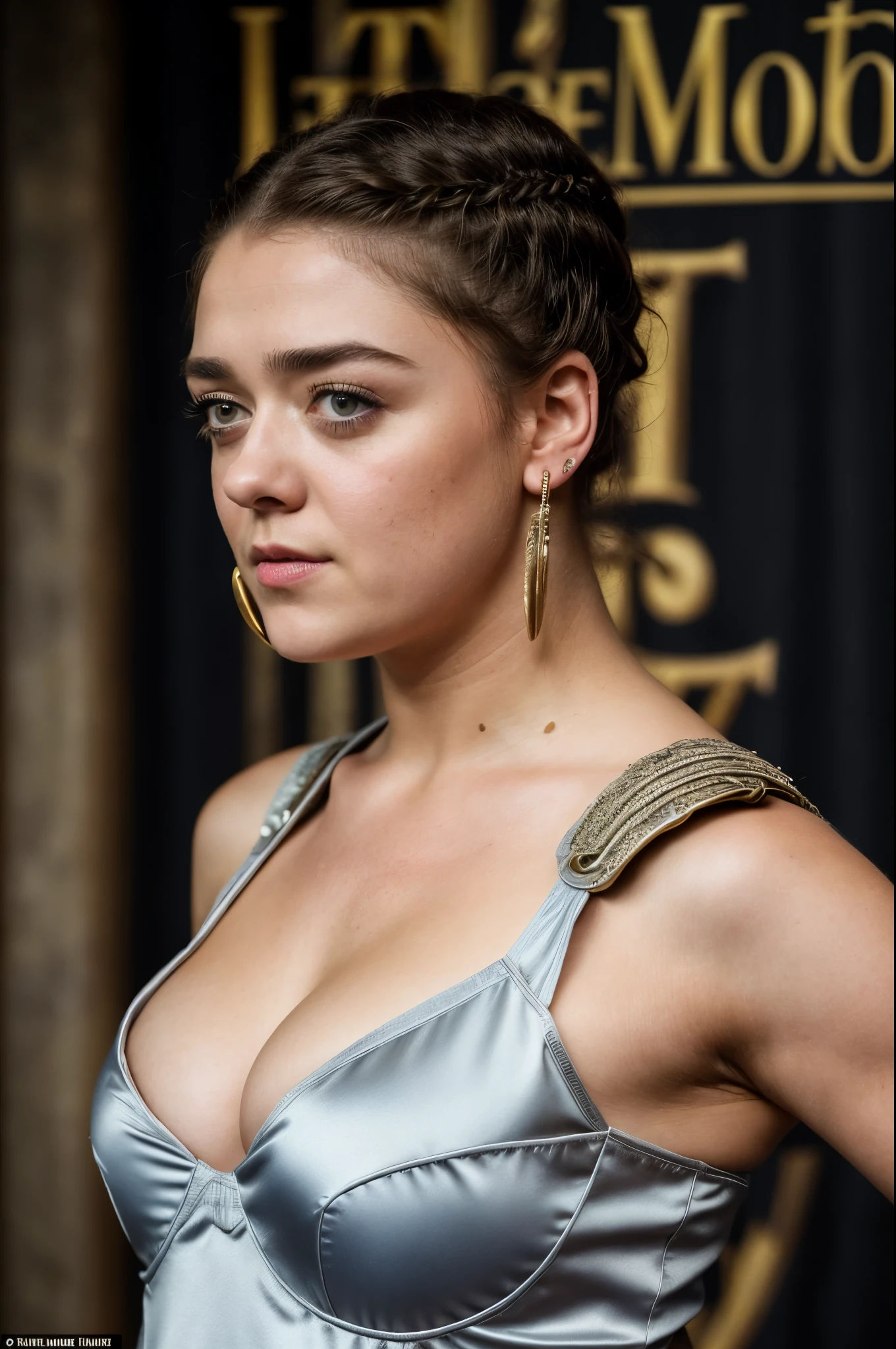 Foto RAW, Arya Stark, Stunning Beauty, Ravishing, Enchantress, Extremely gorgeous lady, Arya Stark PLAYED BY MAISIE WILLIAMS, Queen Arya Stark, she  a mature woman now, milf, sexy mediaeval battle dress, gladiator woman, body, 40 years old Woman, Roman slave dress, cotton dress, busty mediaeval costumes, body revealing costumes, perky breast, big natural breast, erotic costumes, lusty physique, seductive figure can capture every people's attention, Game of thrones costumes, revealing captivating figure, Mediaeval costumes, revealing clothes, A tomboy, she would rather fence than dance, warrior queen , game of thrones screen caps, Game of Thrones Series, (pele altamente detalhada: 1.2), 8k UHD, DSLR, soft-lighting, alta qualidade, grain of film, Fujifilm XT3, flawless picture, highly detailed, detailed Beauty, intricate, 32k, sharp picture,