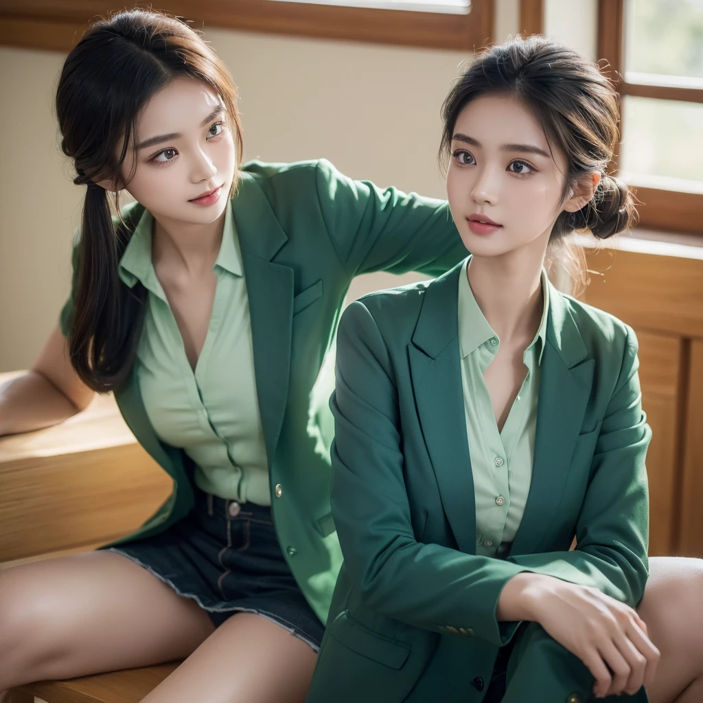 ((Top Quality, 8K, Masterpiece: 1.3)), 1 Thai cute Girl, Slim, (Hairstyle Casual, Big: 1.2), (Green-shirt, Dark Blue Blazer: 1.2), Slender Face, Delicate Eyes, Double Eyelids, Smile, (Classroom: 1.0)