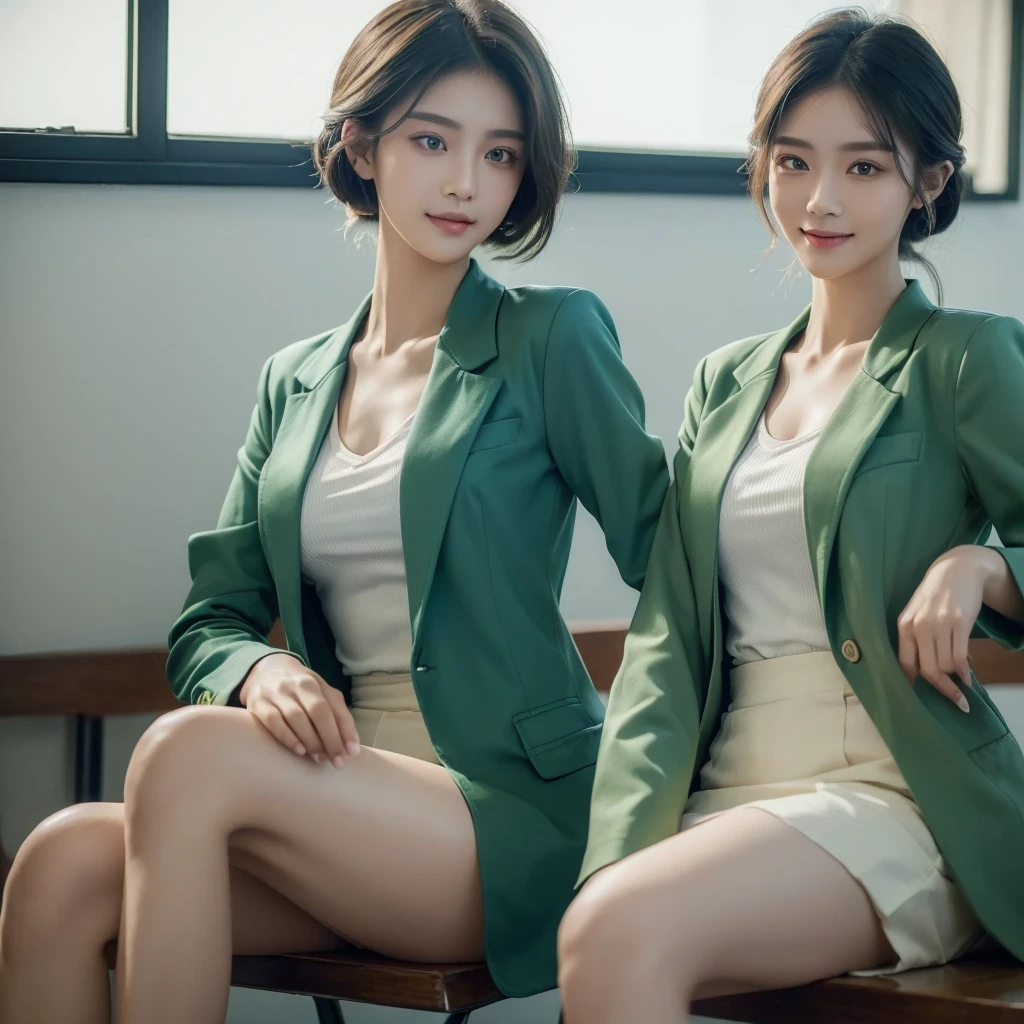 ((Top Quality, 8K, Masterpiece: 1.3)), 1 Thai cute Girl, Slim, (Hairstyle Casual, Big: 1.2), (Green-shirt, Dark Blue Blazer: 1.2), Slender Face, Delicate Eyes, Double Eyelids, Smile, (Classroom: 1.0)
