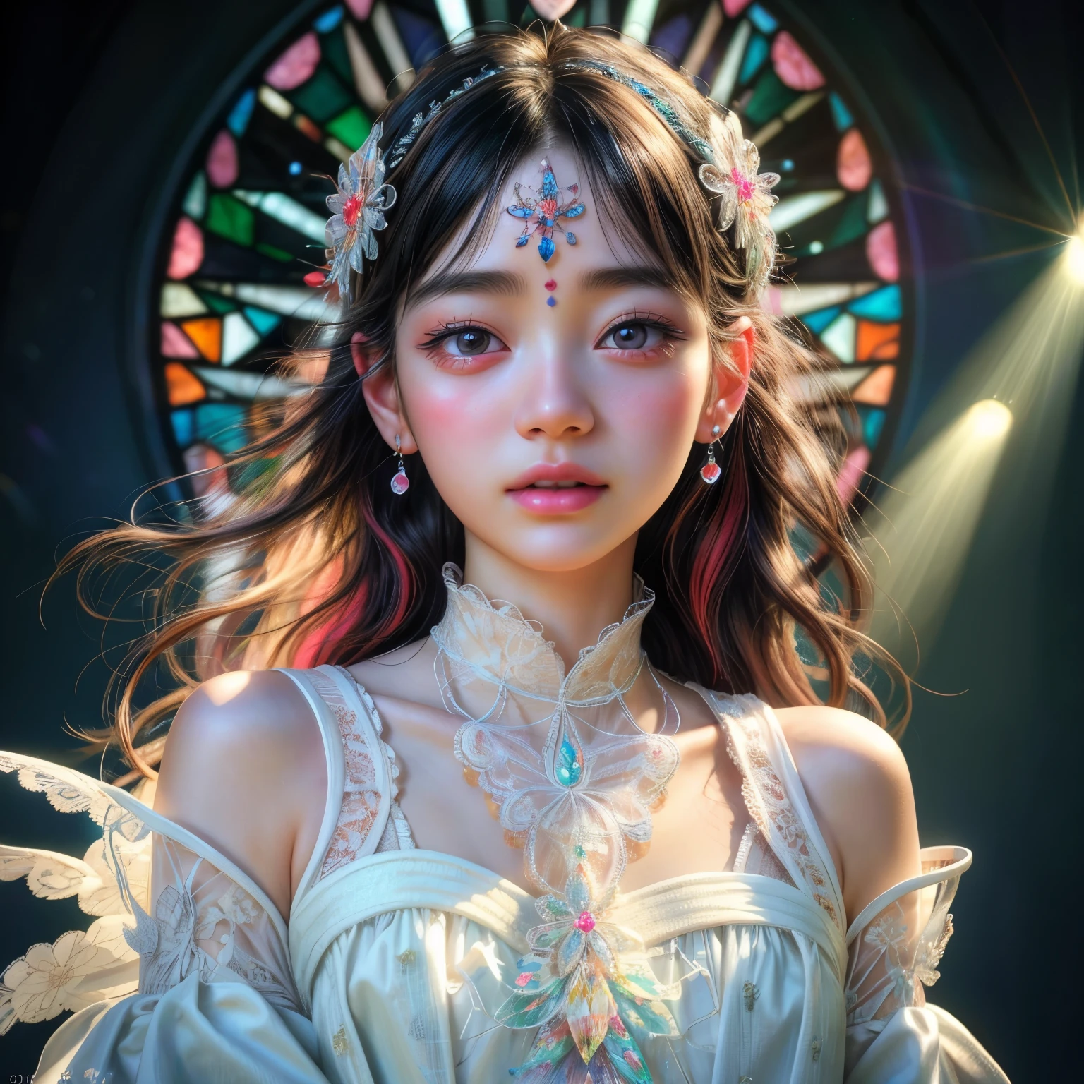 SFW, concept art, Tiny junior idol, Delicate lace knitted white clothes, (nipple:-0.9), face closeup, (Dazzling stained glass Background), (((Renbutsu Misako), colorful Light shines through delicate stained glass:1.2, vivid red colors, lense Particle, lens flare, light Particle, Dazzling Halo, Acutance:0.8)). (masterpiece:1.2),(ultra-detailed:1.37),(realistic,photorealistic,photo-realistic:1.37), (Extremely detailed KAWAII face variations, innocent expression variations), rosy cheeks, intricate detailed eyes with sparkling highlights, long eyelashes with volume, subtle blush on the face. Mystic sight, haze, impeccable skin texture, captivating gaze, ((Dynamic-angle, physically-based rendering)), whole Body proportions and all limbs are anatomically accurate .