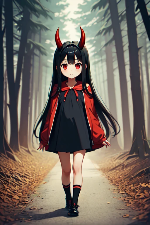 Young Girl,,Wearing a one-piece dress,Mini character,Red eyes,Black Hair,Long Hair,Dark atmosphere,Deformed character,Horns growing,Ahoge,Expressionless,Downer,