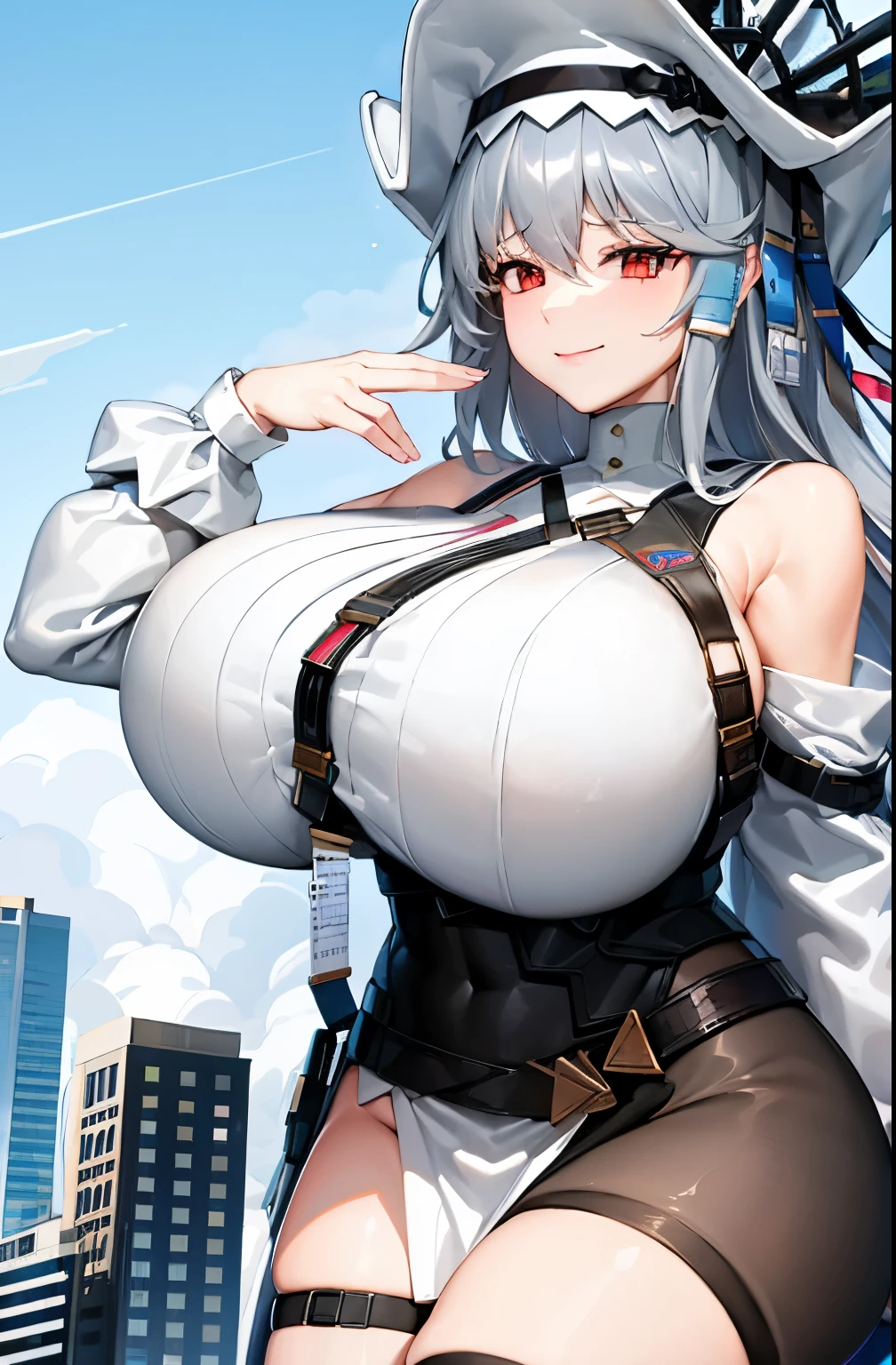 (Huge breasts:1.5), ,,Seductive smile,giantess,Urban Background,microcity,Selfieギザギザの歯,specter_arknights