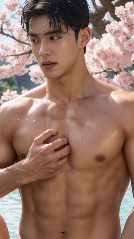 (Photorealistic: 1.2, Top Quality, 8k, Wet: 1.3), (Man, hands on his chest), 20-year-old blonde naked Ukrainian bodybuilder, handsome actor, cherry blossom patterned yukata, no underwear, (sweat: 1.2, wet: 1.2), fine skin, (film lighting, chest hair, arm hair), soft light, double eyelids, (seductive), (((excited)), full naked, expose his big penis, men penis, corrected shape penis,