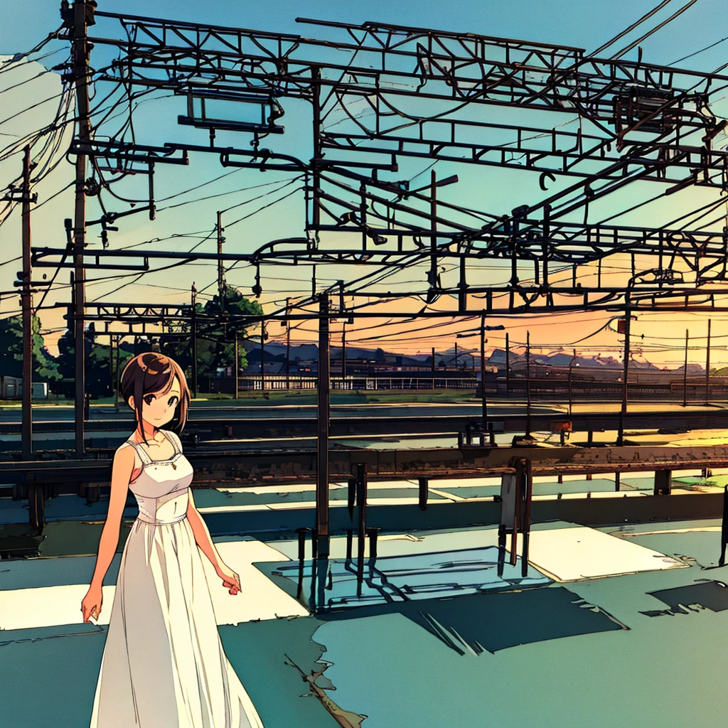 Station Summer Woman in a white dress Nostalgic Railroad tracks Electric wire