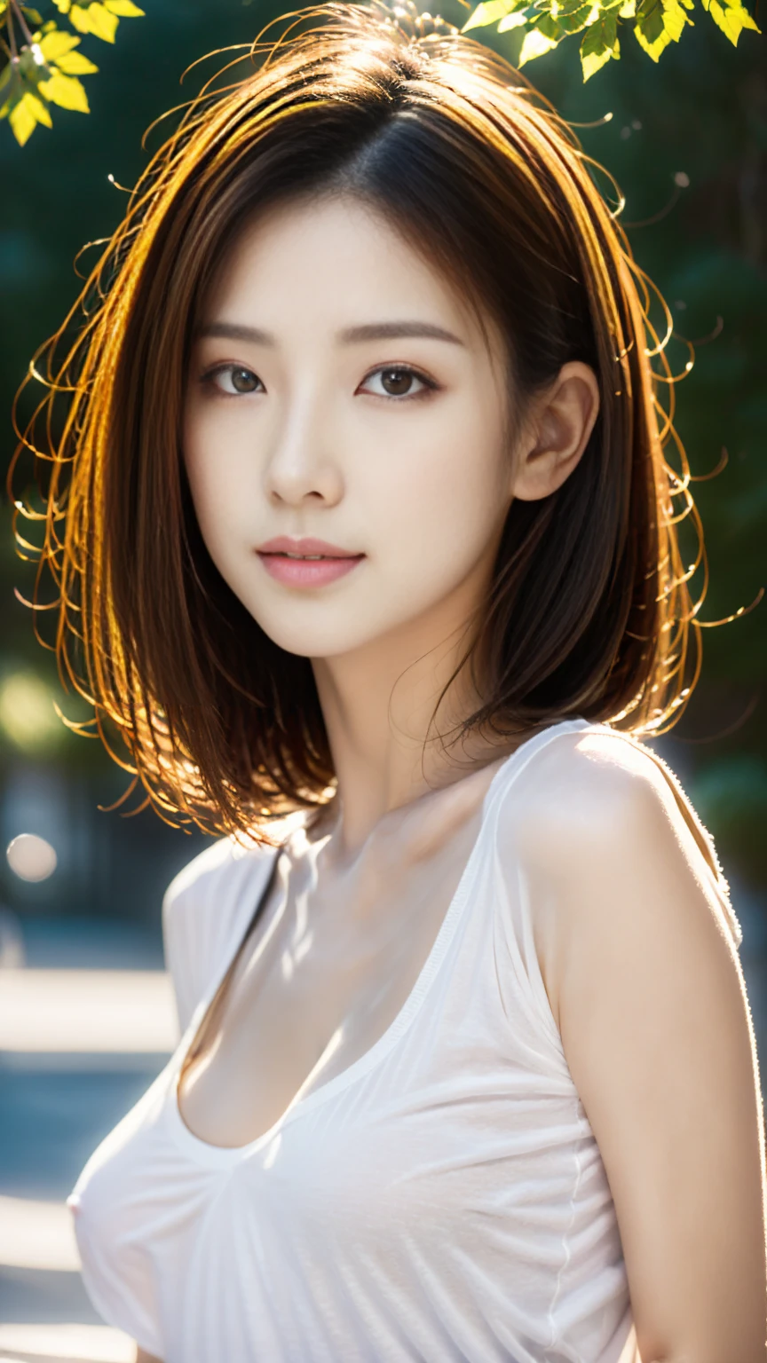 high resolution、Japanese women、beautiful、cute、Brown short hair hairstyle、Small face、beautifulな肌、Large breasts、Reality Stick、noon、summer、outside、White T-shirt and jeans