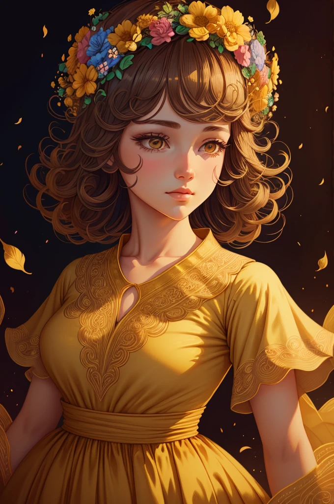 there is a woman with a flower crown on her head, stunning digital illustration, beautiful digital artwork, exquisite digital illustration, James Jean & Vlop, gorgeous digital art, beautiful digital illustration, beautiful art uhd 4 k, beautiful gorgeous digital art, highly detailed 4k
, very beautiful digital art, Beautiful illustration of a girl in flowers wearing eco-friendly couture clothes in vintage style exquisite eco-friendly atmosphere delicate brown and yellow pastel free pose full length