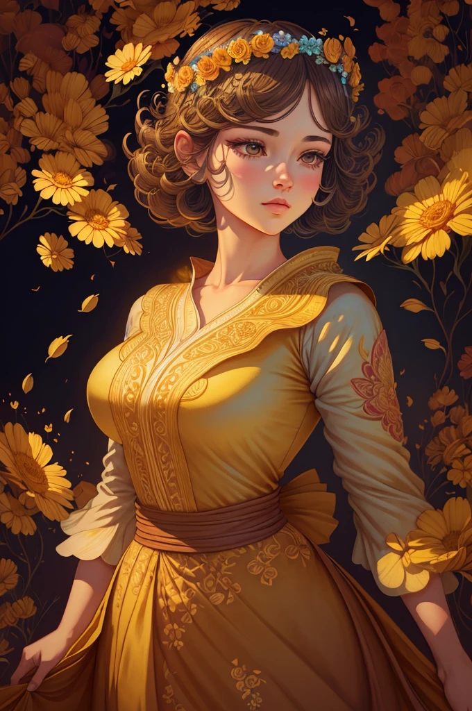 there is a woman with a flower crown on her head, stunning digital illustration, beautiful digital artwork, exquisite digital illustration, James Jean & Vlop, gorgeous digital art, beautiful digital illustration, beautiful art uhd 4 k, beautiful gorgeous digital art, highly detailed 4k
, very beautiful digital art, Beautiful illustration of a girl in flowers wearing eco-friendly couture clothes in vintage style exquisite eco-friendly atmosphere delicate brown and yellow pastel free pose full length