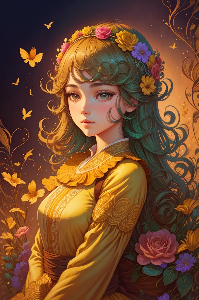 there is a woman with a flower crown on her head, stunning digital illustration, beautiful digital artwork, exquisite digital illustration, James Jean & Vlop, gorgeous digital art, beautiful digital illustration, beautiful art uhd 4 k, beautiful gorgeous digital art, highly detailed 4k 
, very beautiful digital art, Beautiful illustration of a girl in flowers wearing eco-friendly couture clothes in vintage style exquisite eco-friendly atmosphere delicate brown and yellow pastel free pose full length