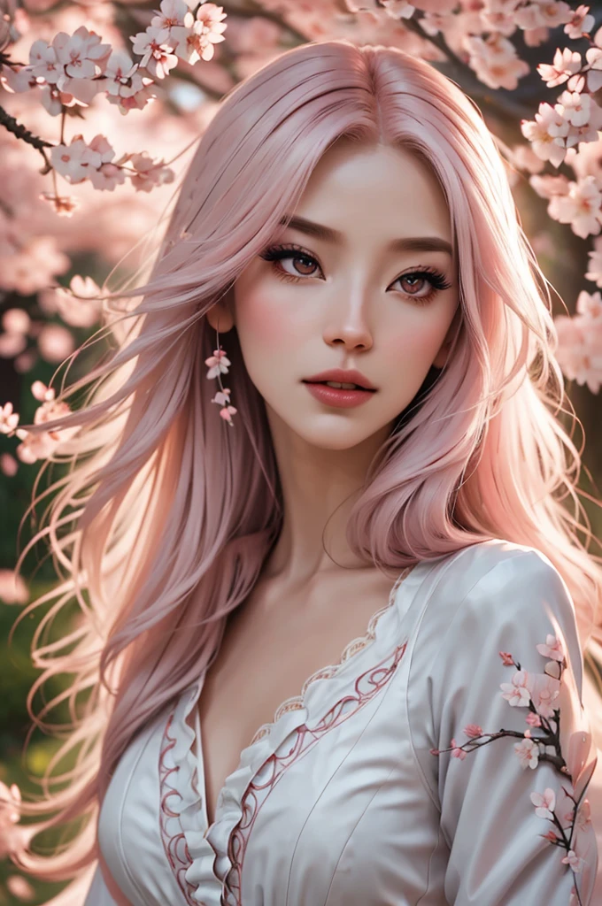 (best quality,4k,8k,highres,masterpiece:1.2),ultra-detailed,(realistic,photorealistic,photo-realistic:1.37),beautiful detailed eyes,beautiful detailed lips,extremely detailed face,longeyelashes,1girl,porcelain skin,rosy cheeks,pink makeup,fancy dress with ruffles,delicate lace details,flowing long hair,plush hair accessories,holding a delicate cherry blossom branch,floating sakura petals,soft pink and white color scheme,ethereal lighting,lush and vibrant garden background,soft sunlight filtering through the trees,sakura trees in full bloom,tranquil atmosphere,subtle fragrance of cherry blossoms,dreamy and romantic ambiance.
